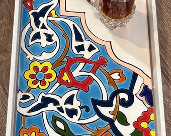 Hand-Painted Persian Tile Wooden Serving Tray, Seven Color Art,  Decorative Serving Tray, Painted Ceramic Tray, Mother’s Day Gift