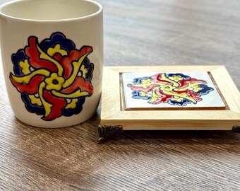 Hand-Painted Floral Mug & Mini Tile Tray Set, Ceramic Coffee Cup with Matching Decorative Coaster, Handmade Ceramic Gift