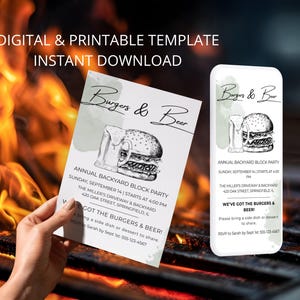 Peut inclure: Modèle numérique et imprimable pour une fête de quartier. Le design présente le texte "Burgers & Beer" avec une illustration d'un burger et d'une bière. L'annonce comprend les détails de l'événement et les informations RSVP.