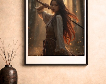 Female Samurai Wall Art, Mystical Japanese Warrior Digital Art Print