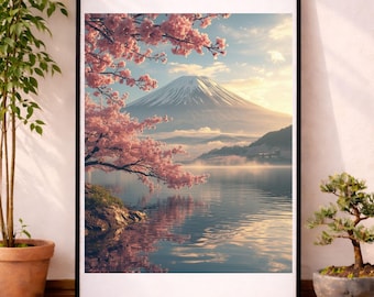 Arte de parede do Monte Fuji com flores de cerejeira – Impressão digital de paisagem japonesa fantástica