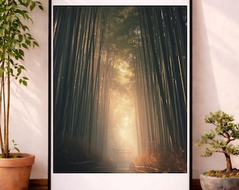 Arte del Bosque de Bambú de Kioto: Puerta Mística de Bambú Japonesa, Suave Luz Dorada