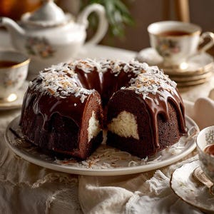 Op de afbeelding: Een chocolade tulbandcake met een witte kokosvulling, geglaceerd met chocolade en bestrooid met kokosvlokken. De cake staat op een wit bord, met theekopjes en een theepot op de achtergrond. Een plak is uit de cake gesneden.