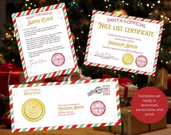 May include: A festive Christmas set including a letter from Santa, a Nice List certificate, and an envelope. The designs feature red and green striped borders. The certificate confirms placement on the Nice List.