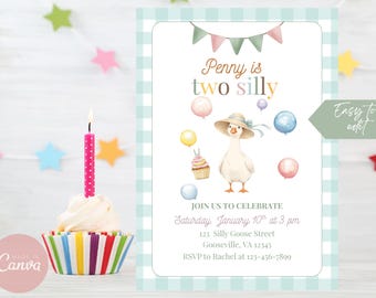 Two Silly Goose 2nd Birthday Invitation, Pastel Balloons (Digital Download)