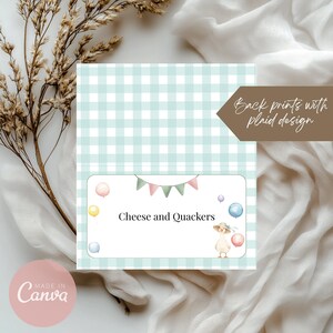 May include: A light blue and white gingham patterned card with the text "Cheese and Quackers". The card features illustrations of balloons and a duck wearing a hat. The text "Back prints with plaid design" is also visible.