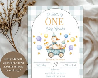 Silly Goose First Birthday Invitation, Watercolor Goose, Blue Balloons (Editable, Digital Download)