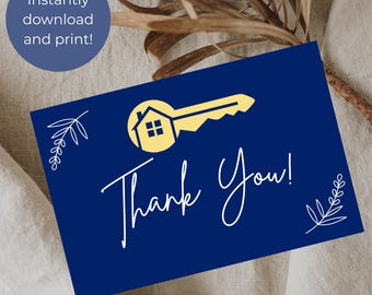 Real Estate Thank You Card Template, Realtor Client Appreciation Note, Printable Home Key Design, Modern Blue Gold
