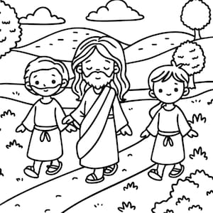 May include: Black and white illustration depicting three figures walking on a path, with the text "The Road to Emmaus" at the top. The bottom of the image includes the text "Luke 24:13-35". The figures are cartoon-like and walking on a path.