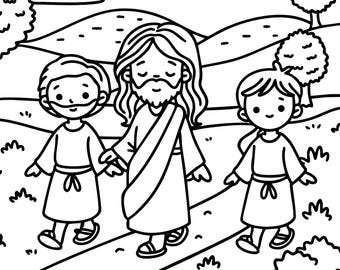 Página para colorear del camino a Emaús / Actividad para la escuela dominical de Pascua (Lucas 24:13-35)
