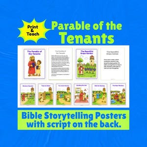 Może przedstawiać: Zestaw plakatów edukacyjnych zatytułowanych Parable of the Tenants, zawierający kolorowe ilustracje scen biblijnych, postaci w szatach i winnic. Kolekcja zawiera scenariusze opowiadań oraz oznaczenie marki Print & Teach.