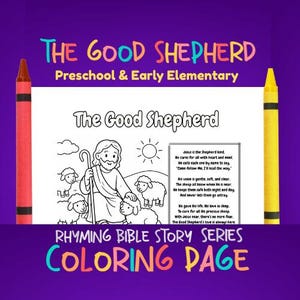 以下が含まれることがあります： 「Rhyming Bible Story Series」の塗り絵ページ。テキスト「The Good Shepherd」と、羊とイエス様のイラストが描かれています。両側に赤と黄色のクレヨンが付いています。テキストは「Preschool & Early Elementary」と書かれています。