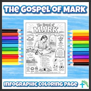 May include: A black and white infographic coloring page titled The Gospel of Mark, featuring a central illustration of a person writing on a scroll, surrounded by text, icons, and biblical themes, framed by two rows of colorful pencils on the sides.