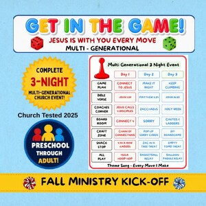 Op de afbeelding: Een flyer voor een kerkelijk evenement voor alle leeftijden met de titel GET IN THE GAME! JESUS IS WITH YOU EVERY MOVE. Het bevat een schema voor 3 avonden met activiteiten zoals Connect to Jesus, Bible Verse, Board Room, Craft Zone en Snack Stop.