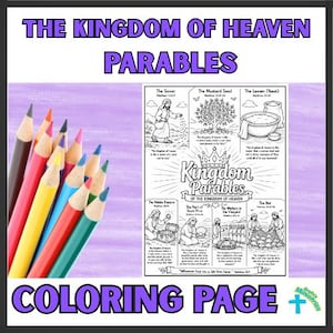 May include: A coloring page titled THE KINGDOM OF HEAVEN PARABLES featuring black and white illustrations of biblical parables, accompanied by a cluster of sharpened colored pencils in shades of red, yellow, blue, green, and brown on the left.