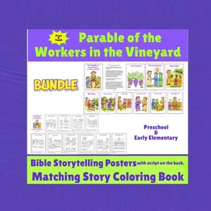 May include: A digital bundle titled Parable of the Workers in the Vineyard featuring colourful Bible storytelling posters with scripts and a matching story colouring book for preschool and early elementary students, displayed on a purple background.