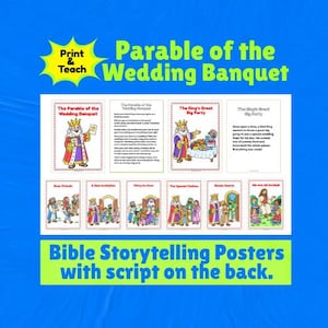 Könnte beinhalten: Ein Set aus pädagogischen Postern mit dem Titel Parable of the Wedding Banquet und The King's Great Big Party, die farbenfrohe Cartoon-Illustrationen eines Königs, von Gästen und Festmahlen sowie begleitenden Text für Erzählaktivitäten zeigen.