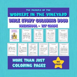Pode incluir: Um livro de colorir digital sobre a história bíblica A Parábola dos Trabalhadores na Vinha para pré-escola e 1º ano. Inclui uma capa e várias folhas de atividades em preto e branco com texto, além de um gráfico de estrela amarela.