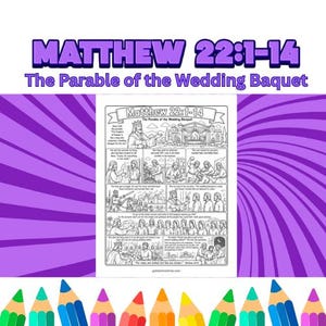 Może przedstawiać: Czarno-biała kolorowanka do druku zatytułowana Matthew 22:1-14 The Parable of the Wedding Banquet, zawierająca liczne ilustrowane panele w stylu komiksowym przedstawiające historię biblijną z tekstem oraz obwódkę z kredek.