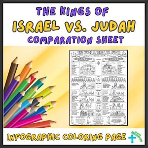 May include: A black and white educational coloring page titled The Kings of Israel vs. Judah Comparison Sheet, featuring historical illustrations and text, displayed next to a cluster of colorful sharpened pencils on a light yellow background.