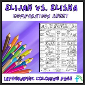 May include: A black and white infographic coloring page titled Elijah vs. Elisha Comparison Sheet, featuring a table of biblical miracles. A cluster of sharpened colored pencils in shades of brown, orange, red, green, yellow, blue, and pink sits to the left.