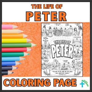 May include: A stack of twelve coloured pencils in shades of pink, yellow, orange, green, red, teal, light blue, dark blue, purple, and black, positioned next to a black and white colouring page titled The Life of Peter with twelve illustrations.