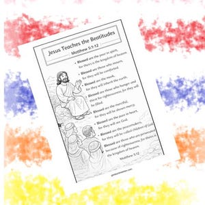 Jesús enseña las Bienaventuranzas (Mateo 5:3-12) Página para colorear de la Biblia