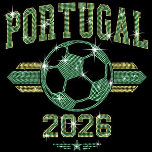 May include: 'PORTUGAL 2026' soccer design. The word 'PORTUGAL' is arched at the top in Citrine Yellow and Peridot Green rhinestones. A large soccer ball crafted with green stones sits in the center, flanked by horizontal athletic stripes. The year '2026' is written below, completed with a small star detail.