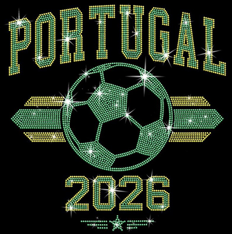 May include: 'PORTUGAL 2026' soccer design. The word 'PORTUGAL' is arched at the top in Citrine Yellow and Peridot Green rhinestones. A large soccer ball crafted with green stones sits in the center, flanked by horizontal athletic stripes. The year '2026' is written below, completed with a small star detail.