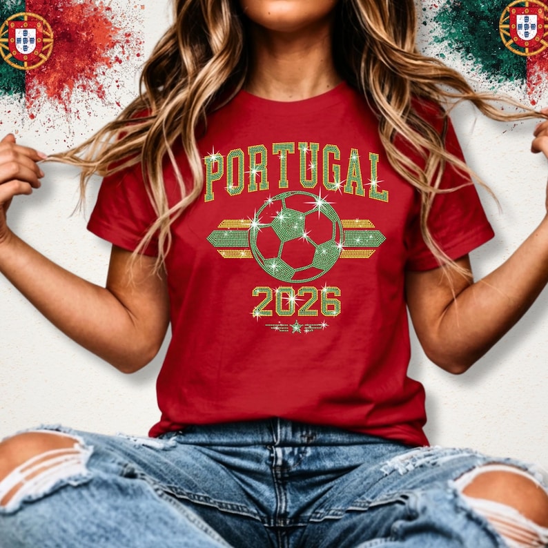 May include: Red t-shirt with a 'PORTUGAL 2026' soccer design. The word 'PORTUGAL' is arched at the top in Citrine Yellow and Peridot Green rhinestones. A large soccer ball crafted with green stones sits in the center, flanked by horizontal athletic stripes. The year '2026' is written below, completed with a small star detail. The person is wearing a classic crewneck short-sleeve tee.