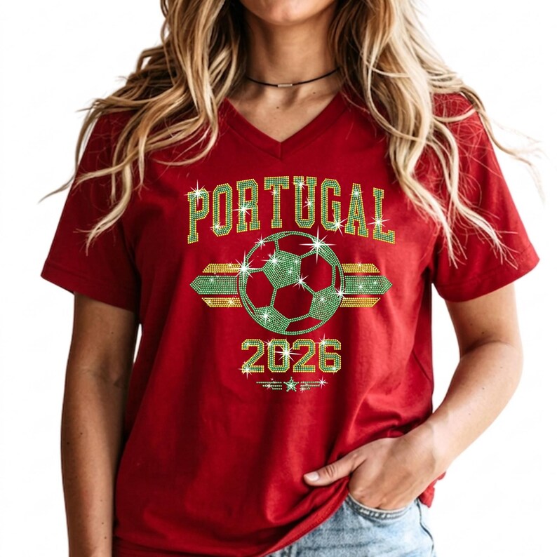 May include: Red V-neck t-shirt highlighting the arched 'PORTUGAL' script and central rhinestone soccer ball. The elegant neckline beautifully frames the sparkling two-tone layout on soft Bella+Canvas fabric.
