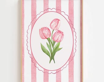 Dipinto ad acquerello di tulipani rosa, stampa floreale da parete