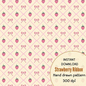 Strawberry Ribbon Trellis Seamless Pattern, Coquette Strawberry Digital Paper, Pink Bow Cottagecore Pattern, Printable Scrapbook Paper