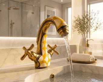 Handmade Moroccan Brass Faucet with Yellow & White Resin Inlay