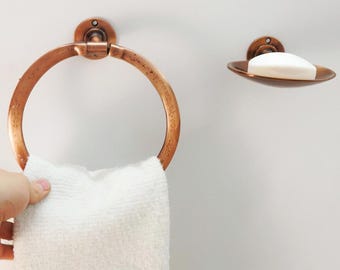 Handcrafted Copper Towel Ring and Soap Dish Set: Moroccan Bathroom Decor