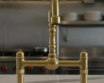 Grifo de puente de latón macizo sin lacar, grifo de cocina de latón macizo, rociador lateral de estilo antiguo.