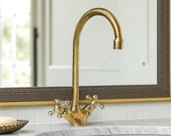Unlacquered Brass Basin Faucet, Vintage Double Handle Tap, Single Hole Design For Bathroom