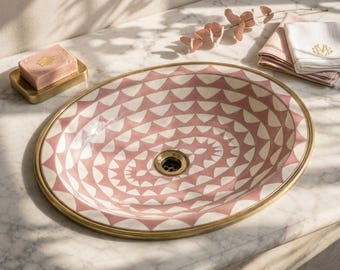 Blush Pink Geometric Oval Vessel Sink, Brass Trim Bathroom Vanity Basin