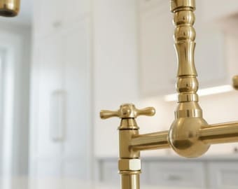 Luxury Unlacquered Brass Bridge Faucet, Solid Brass Kitchen Tap, Antique Style Side Sprayer