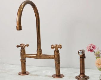 Unlacquered Copper Bridge Kitchen Faucet with Sprayer, Vintage Style