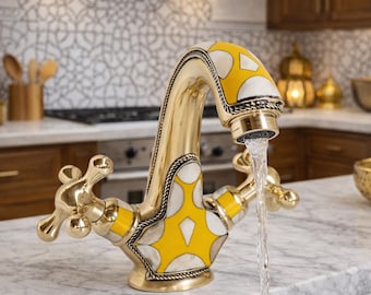 Handmade Moroccan Brass Faucet, Yellow Cream Mosaic, Polished Bohemian Sink Fixture