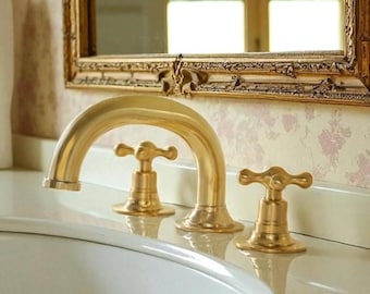 Unlacquered Brass Bathroom Faucet: 3-Hole Widespread Sink, Solid Brass