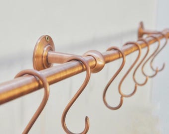 Antique Copper Pot Rail with Solid Brass S Hooks