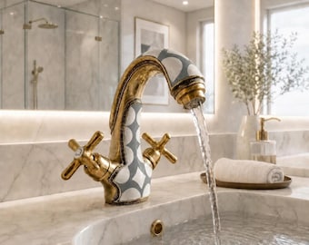 Handmade Moroccan Brass Faucet with Gra & White Resin Inlay