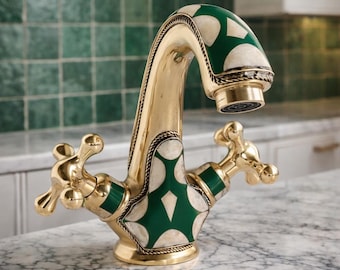 Handmade Moroccan Brass Faucet, Emerald Green Cream Inlay