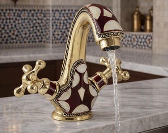 Handmade Moroccan Brass Faucet, Burgundy Cream Mosaic, Polished Bohemian Sink Fixture