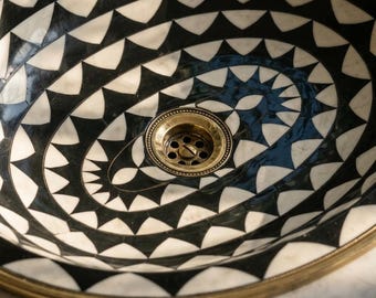 Unlacquered Brass Wall Mount Faucet with Handcrafted Resin Inlaid Sink - Moroccan Artisan Bathroom