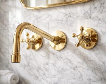 Handcrafted Wall Mounted Faucet, Solid Unlacquered Brass Bathroom Tap, Vintage Style Wall Mount Mixer