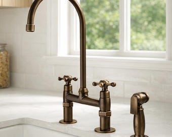 Bridge Kitchen Faucet with Side Sprayer | Vintage Solid Brass Sink Tap