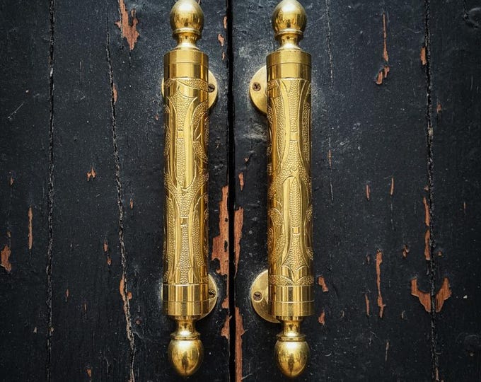 Featured listing image: Handmade Moroccan Brass Door Pull: Ornate Gold Cabinet Handle